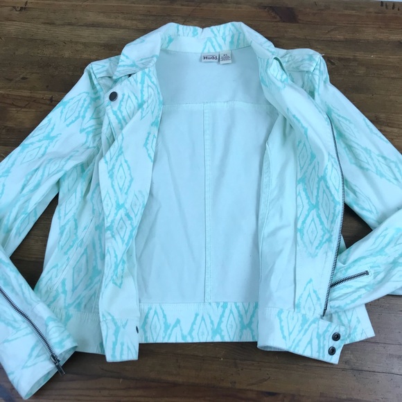 Mudd Boho Print Moto Jacket Teal White Zip Y - Picture 6 of 8